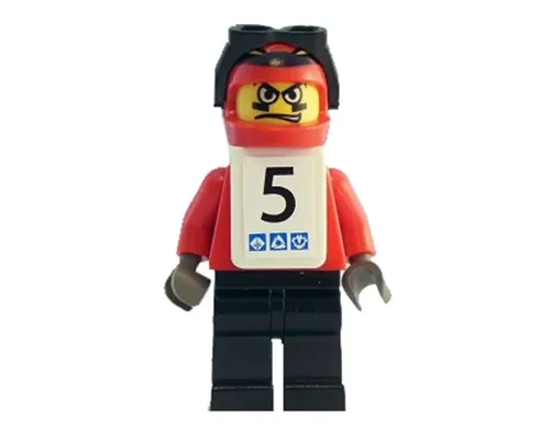 Snowboarder, Red Shirt, Black Legs, White Vest, Number 5 Sticker on Both Sides Image