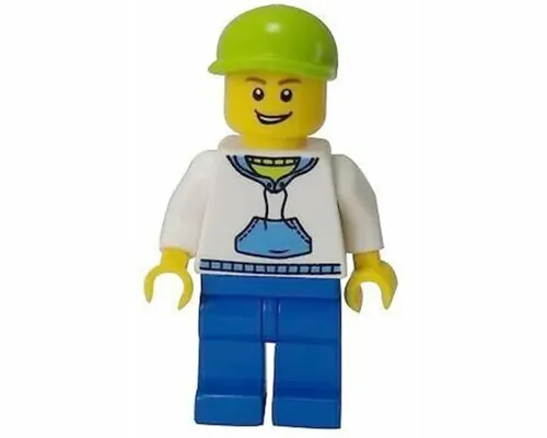 White Hoodie with Medium Blue Pocket, Blue Legs, Lime Short Bill Cap Image