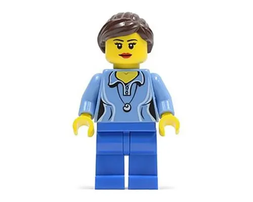 Medium Blue Female Shirt with Two Buttons and Shell Pendant, Dark Blue Legs, Reddish Brown Ponytail and Swept Sideways Fringe Image