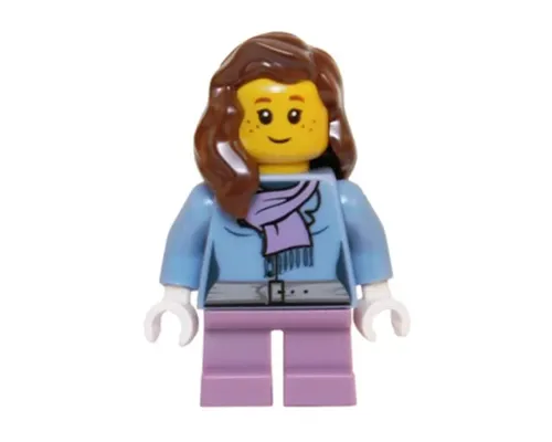 Medium Blue Jacket with Light Purple Scarf, Medium Lavender Short Legs, Reddish Brown Female Hair over Shoulder Image