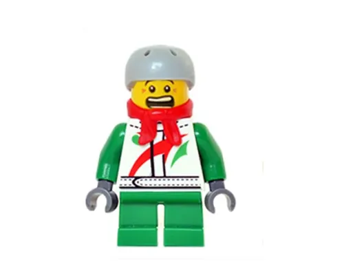 Octan - Jacket with Red and Green Stripe, Green Short Legs, Red Bandana, Helmet Sports with Vent Holes, Brown Eye Corner Crinkles Image