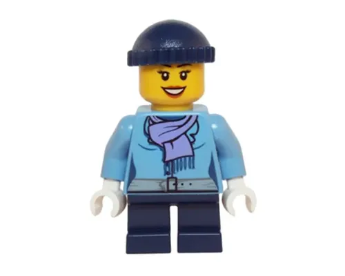 Medium Blue Jacket with Light Purple Scarf, Dark Blue Short Legs, Dark Blue Knit Cap Image