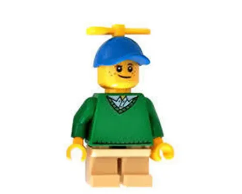 Boy - Freckles, Green Sweater, Tan Short Legs, Blue Cap with Tiny Yellow Propeller Image