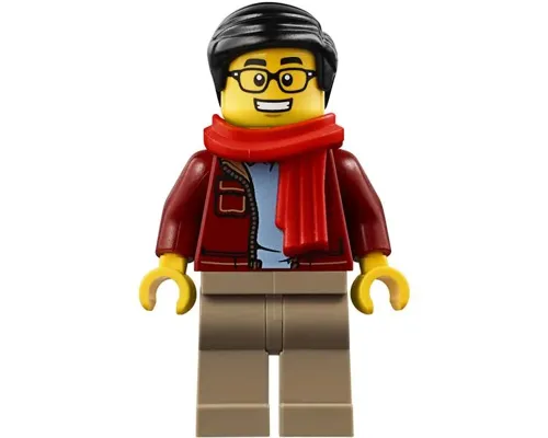 Man, Dark Red Jacket with Bright Light Blue Shirt, Dark Tan Legs, Red Scarf, Black Smooth Hair, Glasses Image