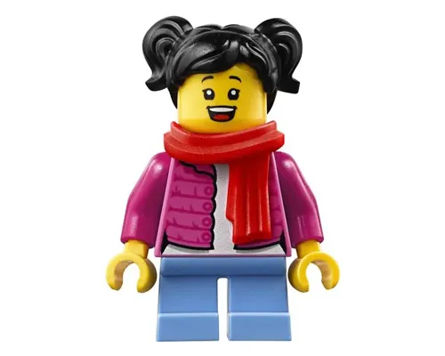 Child - Girl, Dark Pink Puffy Jacket, Medium Blue Short Legs, Black Hair with Pigtails, Red Scarf Image