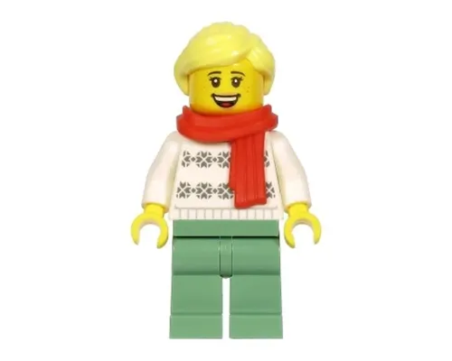 Woman, White Turtleneck Sweater, Sand Green Legs, Bright Light Yellow Hair, Red Scarf Image