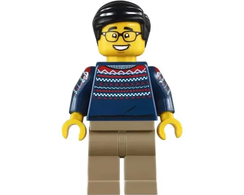 Man, Dark Blue Sweater, Dark Tan Legs, Black Hair, Glasses Image