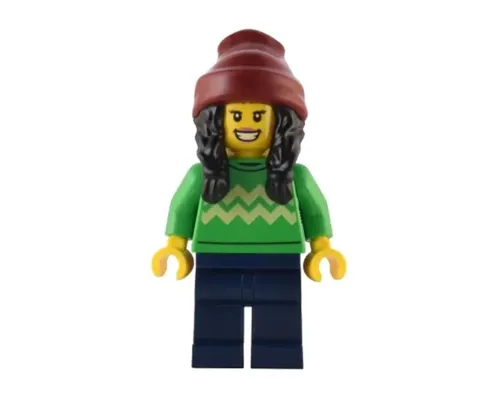 Holiday Shopper - Female, Bright Green Sweater with Bright Light Yellow Zigzag Lines, Dark Blue Legs, Dark Red Beanie with Black Hair Image