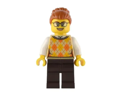 Santa's Toys and Games Store Owner - Female, Tan Knit Argyle Sweater Vest, Dark Brown Legs, Dark Orange Hair with Bun, Glasses Image