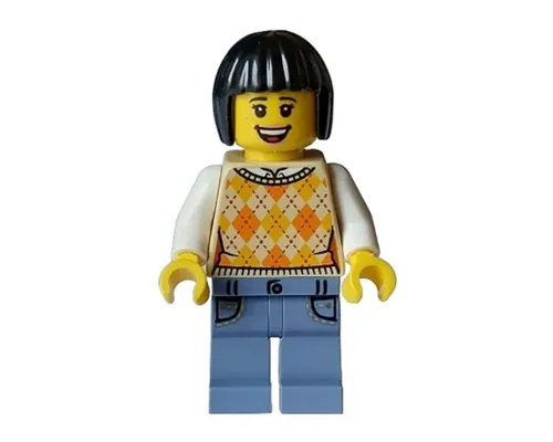 Tourist - Female, Tan Knit Argyle Sweater Vest, Sand Blue Legs with Pockets, Black Bob Cut Hair, Freckles Image