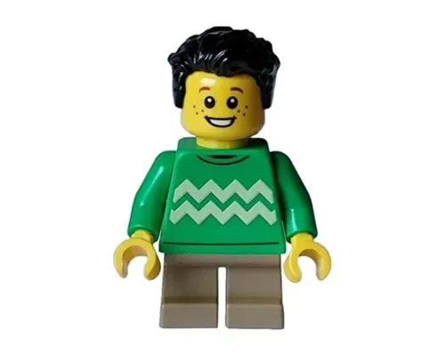 Child - Boy, Bright Green Sweater with Bright Light Yellow Zigzag Lines, Dark Tan Short Legs, Black Tousled Hair, Freckles Image