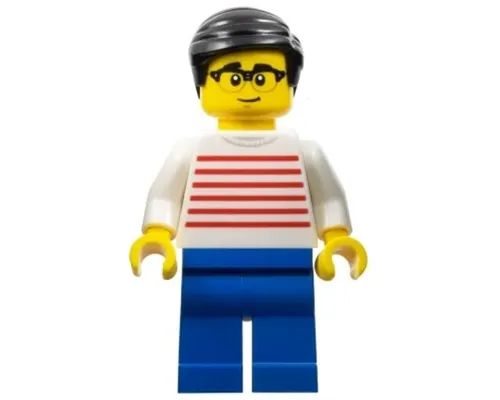 Man - White Sweater with Red Horizontal Stripes, Blue Legs, Black Hair, Glasses Image