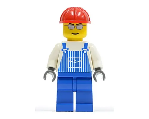 Overalls Striped Blue with Pocket, Blue Legs, Red Construction Helmet, Silver Glasses and Eyebrows Image