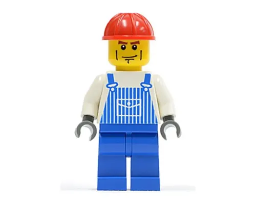 Overalls Striped Blue with Pocket, Blue Legs, Red Construction Helmet, Cheek Lines, Dark Bluish Gray Hands Image