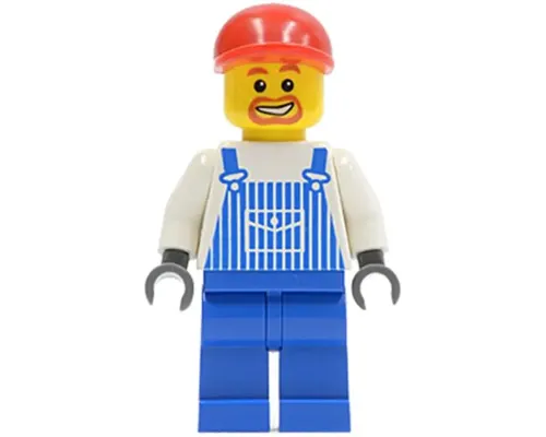 Overalls Striped Blue with Pocket, Blue Legs, Red Short Bill Cap, Beard Around Mouth Image