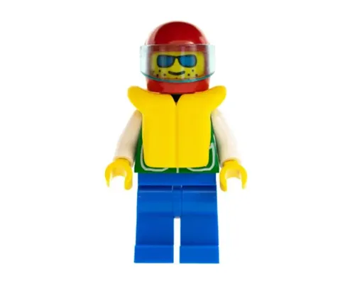 Jacket Green with 2 Large Pockets - Blue Legs, Sunglasses, Red Helmet, Trans-Light Blue Visor, Life Jacket Image