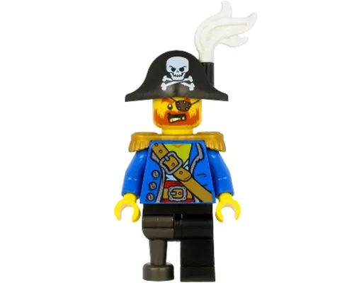 Pirate Captain - Bicorne Hat with Skull and White Plume, Pearl Gold Epaulettes, Blue Open Coat, Black Leg and Pearl Dark Gray Peg Leg Image