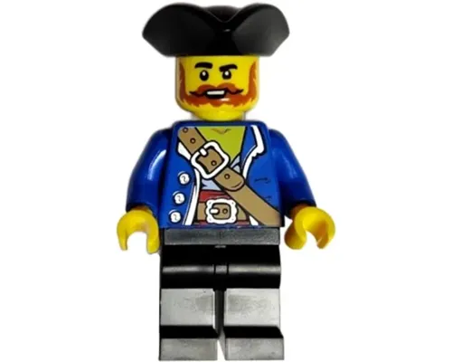 Pirate - Male, Black Tricorne, Dark Orange Beard and Moustache, Blue Open Coat, Medium Nougat Belt, Black Legs Image