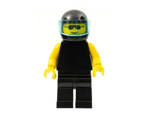 Plain Black Torso with Yellow Arms, Black Legs, Sunglasses, Black Helmet, Trans-Light Blue Visor Image