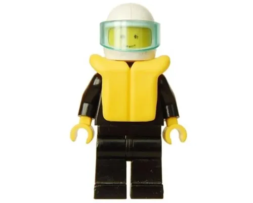 Plain Black Torso with Black Arms, Black Legs, White Helmet, Trans-Light Blue Visor, Life Jacket Image