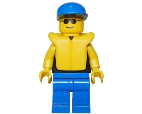 Plain Black Torso with Yellow Arms, Blue Legs, Sunglasses, Blue Cap, Life Jacket Image