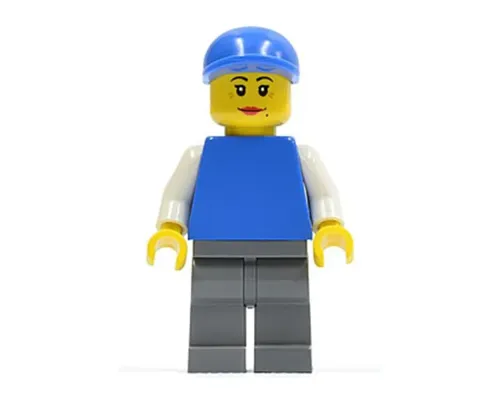 Plain Blue Torso with White Arms, Dark Bluish Gray Legs, Blue Short Bill Cap, Female Dual Sided Head Image