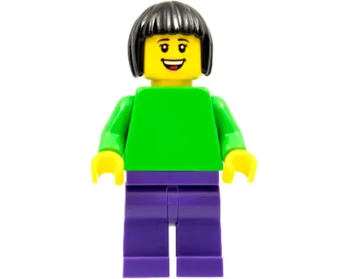 Plain Bright Green Torso with Bright Green Arms, Dark Purple Legs, Black Bobbed Hair Image