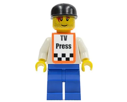 F1 Race Camera Operator - Male, White Torso, Blue Legs, Black Cap, Orange Vest with Stickers Image