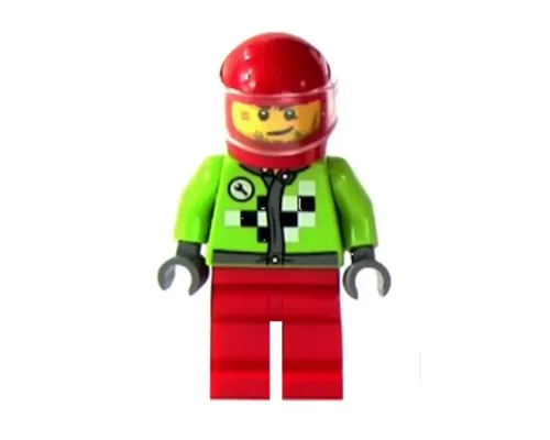 Lime Jacket with Wrench and Black and White Checkered Pattern, Red Legs, Red Helmet, Trans-Brown Visor Image