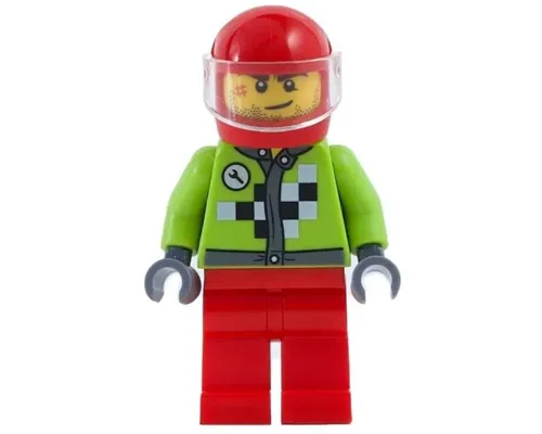 Lime Jacket with Wrench and Black and White Checkered Pattern, Red Legs, Red Helmet, Trans-Clear Visor Image