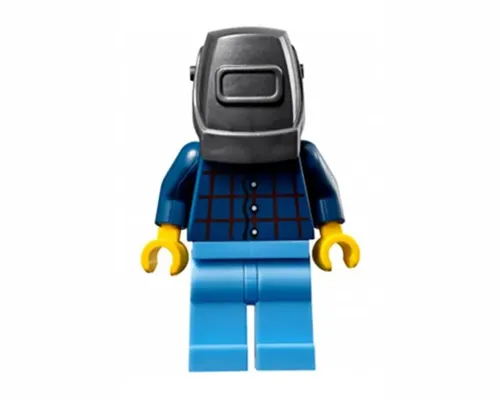 Mechanic - Male, Plaid Button Shirt, Medium Blue Legs, Pearl Dark Gray Welding Helmet, Frown and Sweat Drops Image