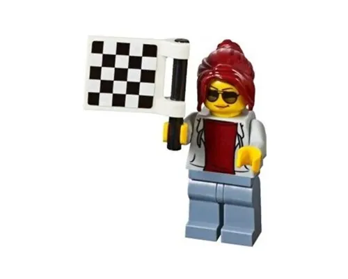 Race Marshal - Female, Light Bluish Gray Hoodie over Dark Red Shirt, Sand Blue Legs, Dark Red Ponytail Long with Side Bangs, Sunglasses and Peach Lips Image