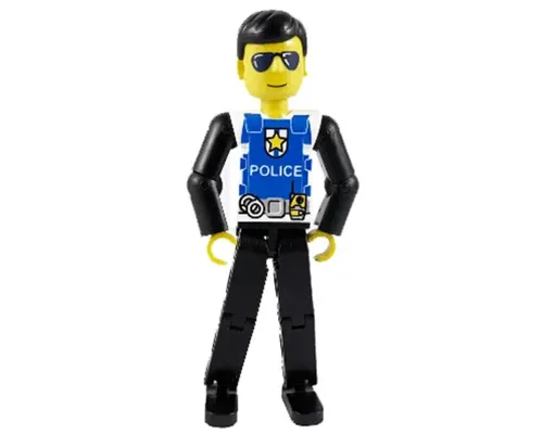 Technic Figure Black Legs, White Top with Police Logo, Black Arms Image