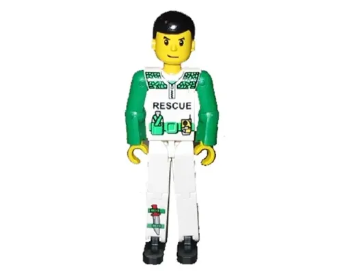 Technic Figure White Legs, White Torso with Black 'RESCUE' and Green Belt, Green Arms - Without Sticker Image