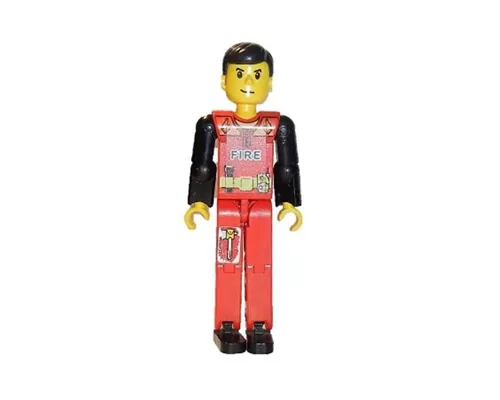 Technic Figure Red Legs, Red Top with Black 'FIRE', Black Arms (Fireman) - With Sticker Image