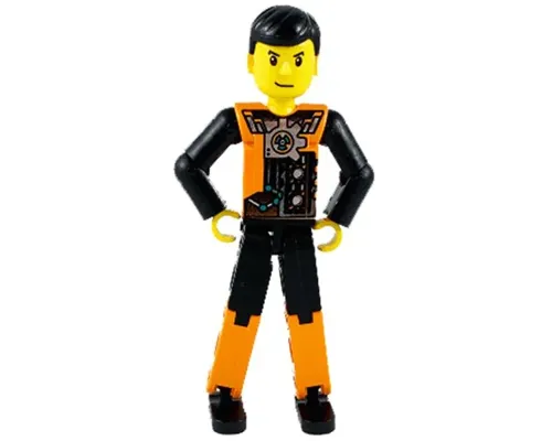 Technic Figure Orange/Black Legs, Orange Torso with Silver Pattern, Black Arms, Black Hair Image