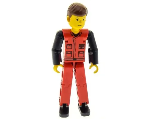 Technic Figure Red Legs, Red Top with Black Pattern, Black Arms, Brown Hair Image