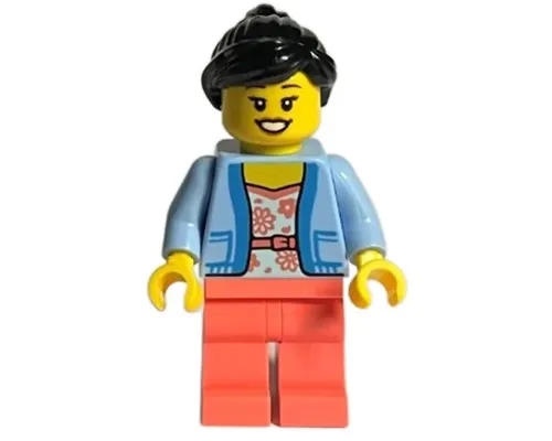 LEGO Store Customer - Female, Bright Light Blue Jacket over White Shirt with Coral Flowers, Coral Legs, Black Ponytail Image