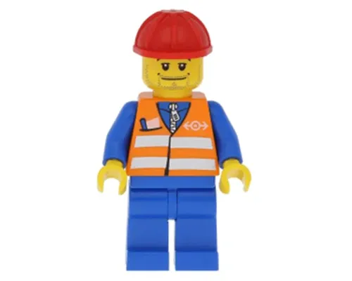 Orange Vest with Safety Stripes - Blue Legs, Beard Stubble, Red Construction Helmet Image