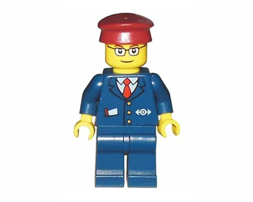 Dark Blue Suit with Train Logo, Dark Blue Legs, Dark Red Hat, Rectangular Glasses - Passenger Train Engineer Image