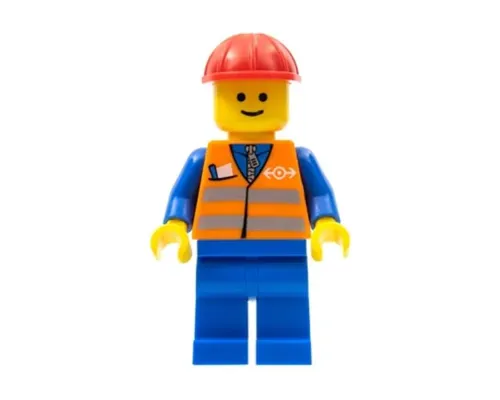 Orange Vest with Safety Stripes - Blue Legs, Red Construction Helmet Image