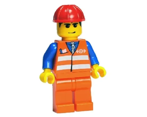 Orange Vest with Safety Stripes - Orange Legs, Red Construction Helmet, Black Hair, Eyebrows, and Smirk Image