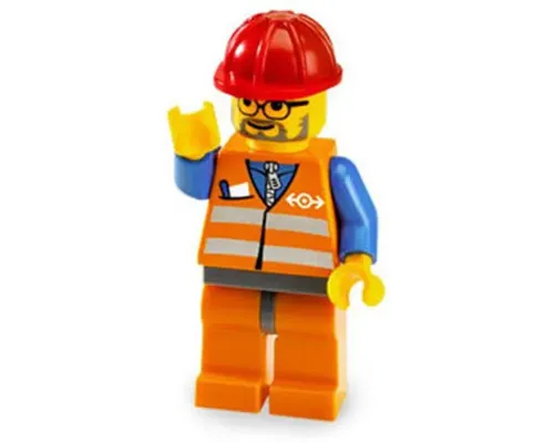 Orange Vest with Safety Stripes - Orange Legs and Dark Bluish Gray Hips, Red Construction Helmet, Dark Bluish Gray Beard, Glasses Image