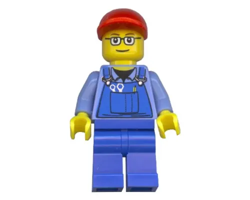 Overalls with Tools in Pocket, Blue Legs, Red Short Bill Cap, Glasses with Brown Thin Eyebrows Image