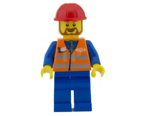 Orange Vest with Safety Stripes - Blue Legs, Red Construction Helmet, Brown Beard Rounded Image