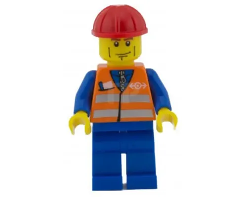 Orange Vest with Safety Stripes - Blue Legs, Brown Eyebrows and Cheek Lines, Red Construction Helmet Image