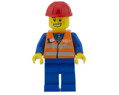 Orange Vest with Safety Stripes - Blue Legs, Cheek Lines and Wide Grin, Red Construction Helmet Image