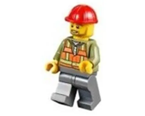 Light Orange Safety Vest, Dark Bluish Gray Legs, Red Construction Helmet with Black Ear Protectors / Headphones, Goatee Image