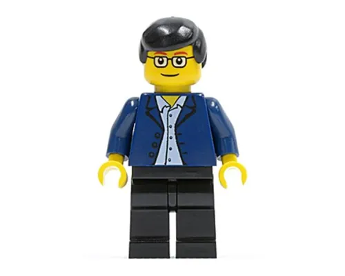 Dark Blue Jacket, Light Blue Shirt, Black Legs, Square Glasses, Black Male Hair Image