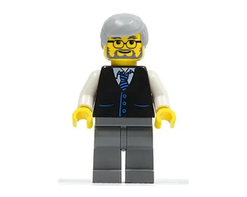 Black Vest with Blue Striped Tie, Dark Bluish Gray Legs, White Arms, Light Bluish Gray Male Hair, Glasses Image